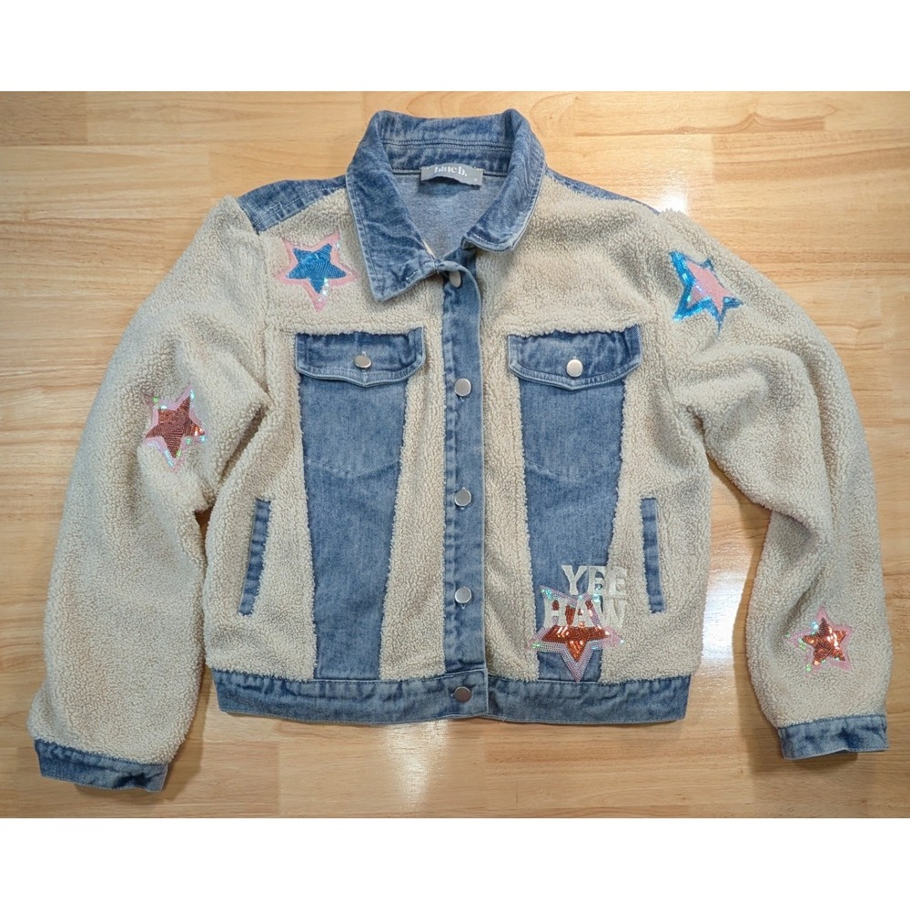 Blue B. Collection Denim Sherpa‎ Jacket Yee Haw Sequin Star Horse Blue Cream M